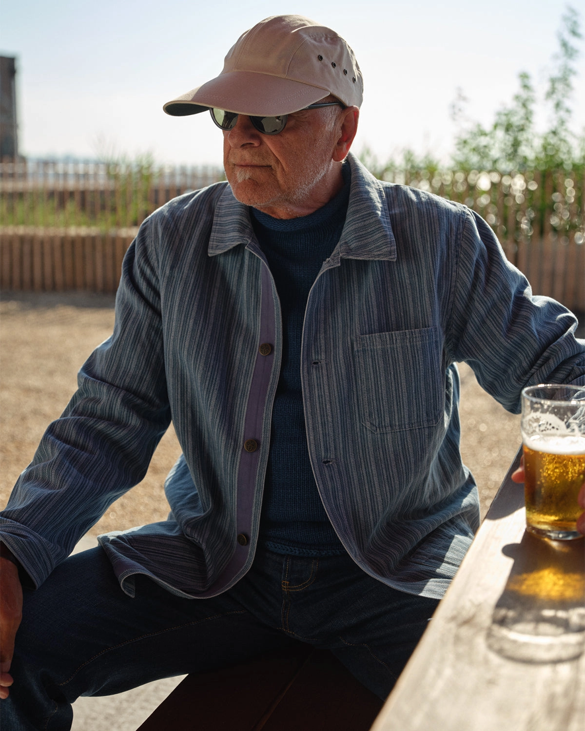 French Workman's Jacket in Antique Uneven Stripe Denim Houndstooth Print Thermal Core Technology