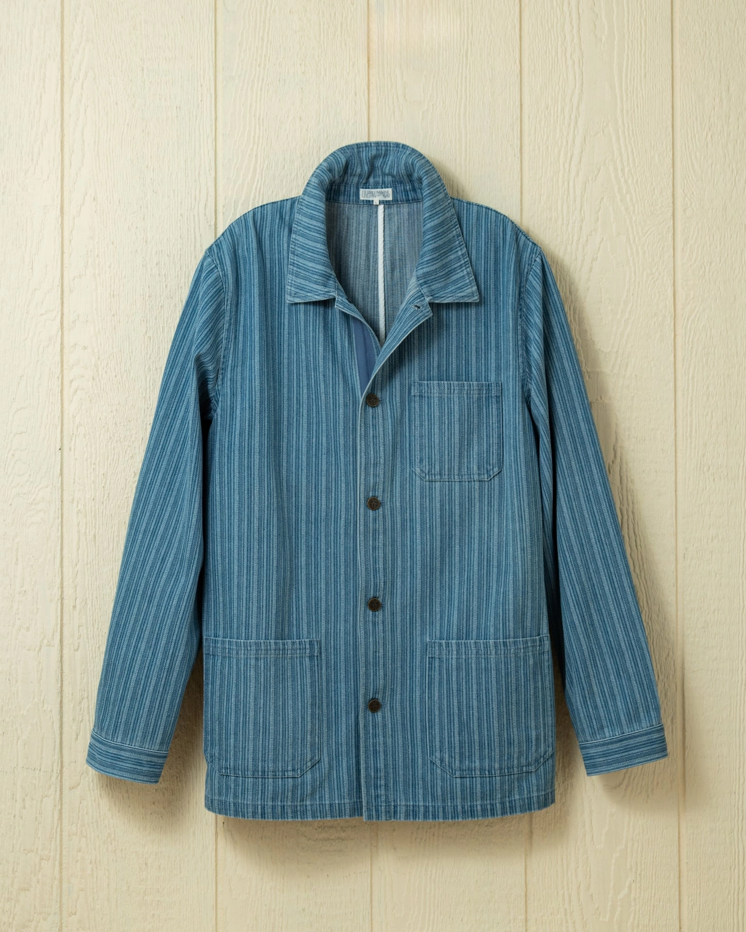 Low Profile Fastening Adjustable Cuff System French Workman's Jacket in Antique Uneven Stripe Denim