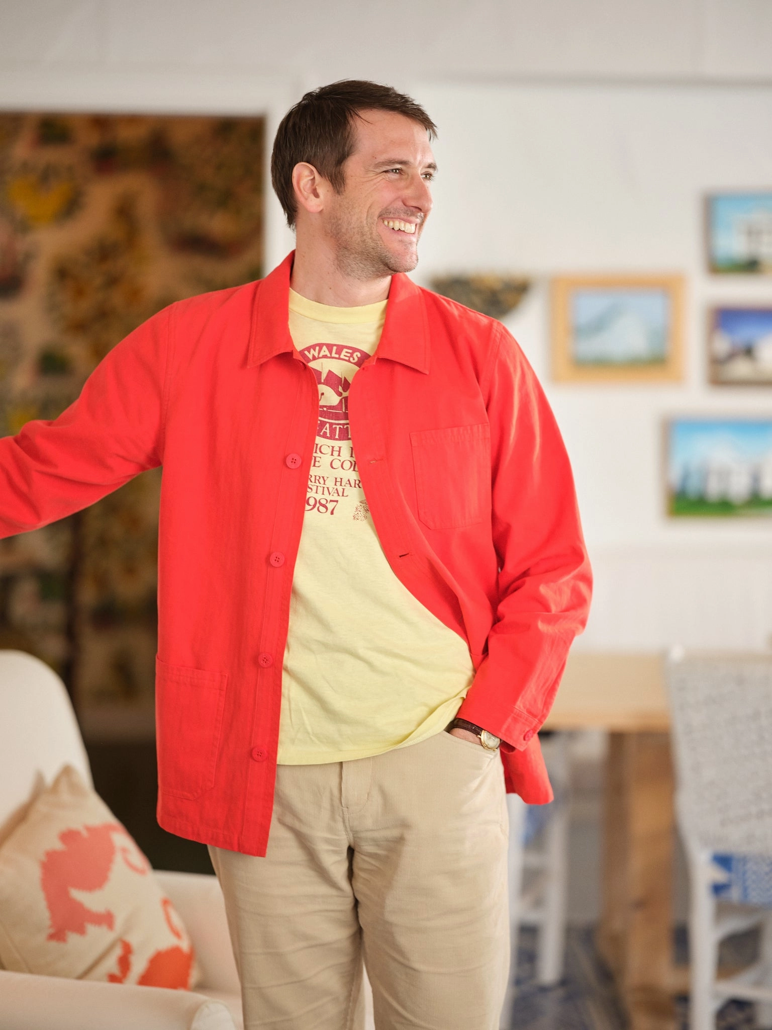 French Workman??s Jacket in Nautical Red Herringbone Breathable Mesh Panels Plaid Design