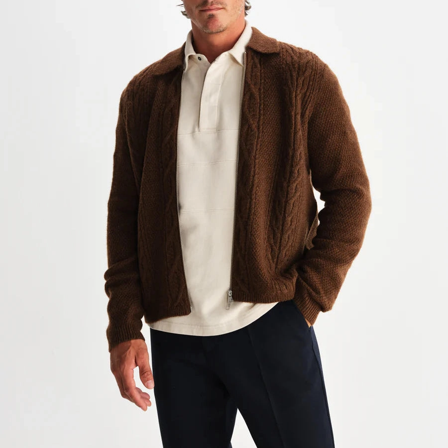 Elasticated Waistband Urban Edge Friar Zip Knit Jacket Brush Cable (Brown)