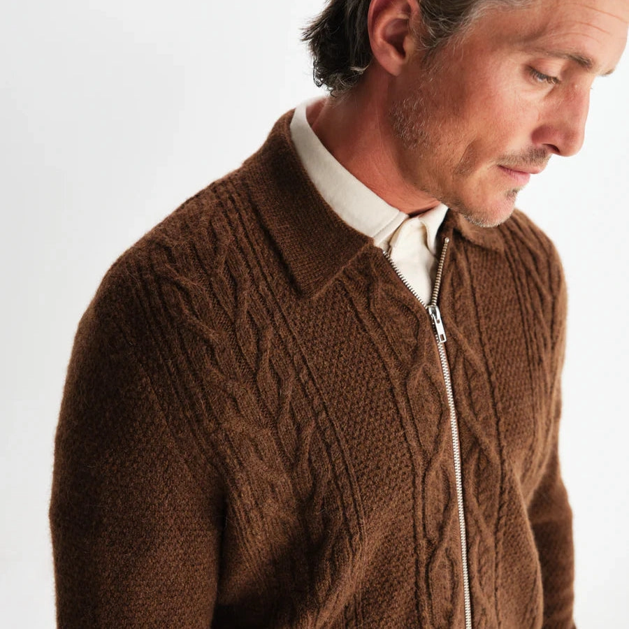 Friar Zip Knit Jacket Brush Cable (Brown) Odor Resistant Tech