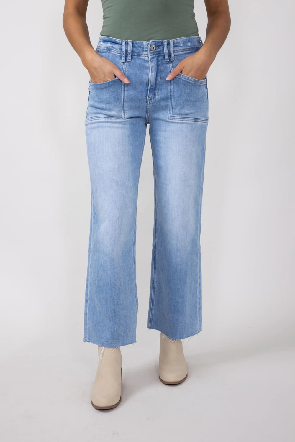 Mica High-Rise Light Wash Clean Cropped Wide Leg Jeans for Women | MDP-W3219 Smooth Texture