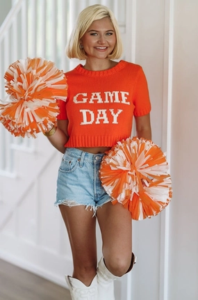 Game Day Crop Sweater Top - Orange and White WaterRepellent Coating SoftTouchFinish