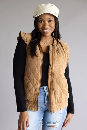 Convertible 2 In 1 Function Temperature Regulating Fabric Garment Washed Quilted Ruffle Sleeve Vest for Women in Brown | KDC-VST-15-BRN Compression Stuff Sack