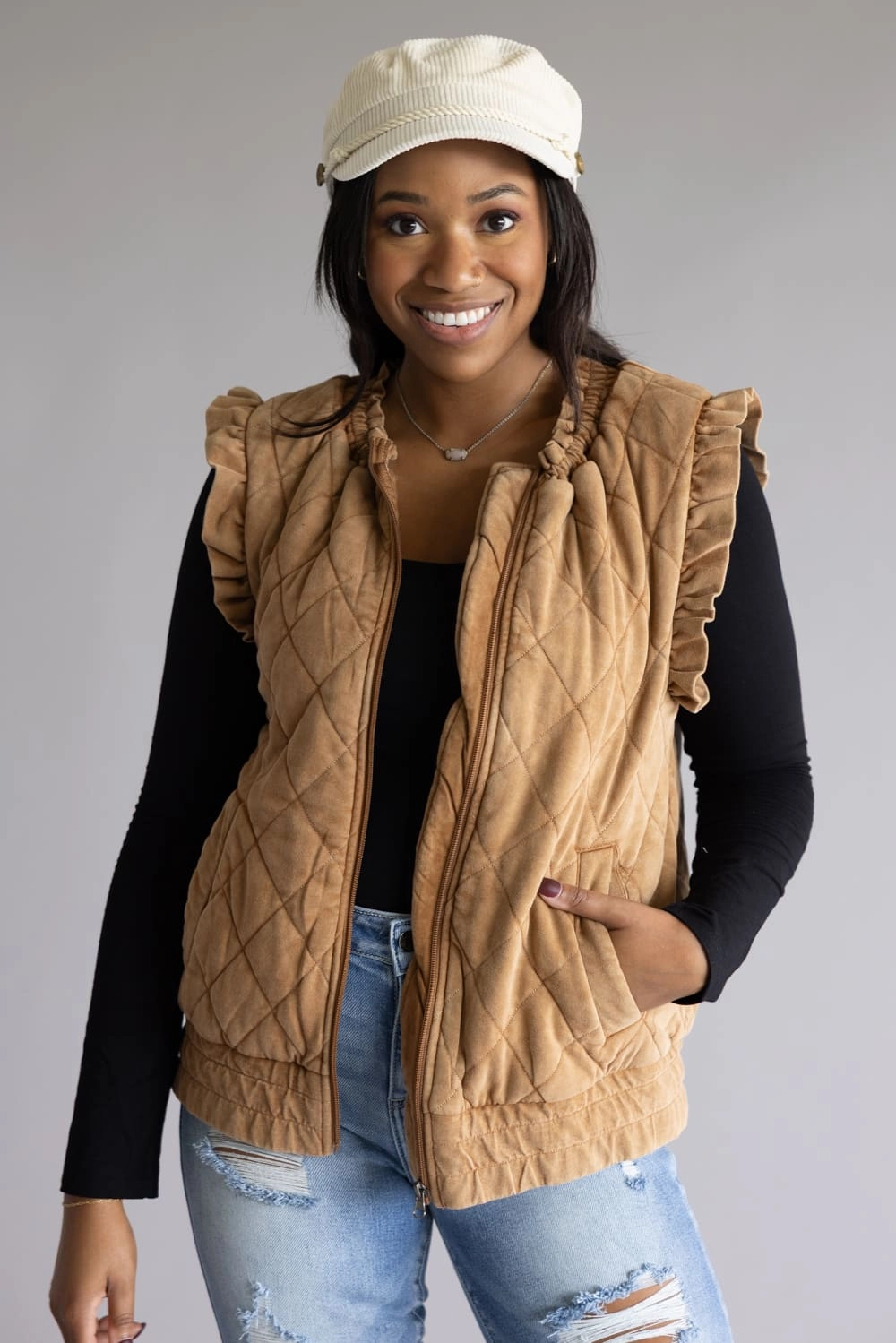 Quick drying material Thermal Insulation Garment Washed Quilted Ruffle Sleeve Vest for Women in Brown | KDC-VST-15-BRN Compression Stuff Sack