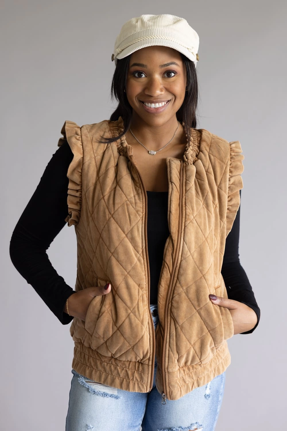 Durable Corrosion Resistant Zippers Static Dissipating Threading Garment Washed Quilted Ruffle Sleeve Vest for Women in Brown | KDC-VST-15-BRN Compression Stuff Sack