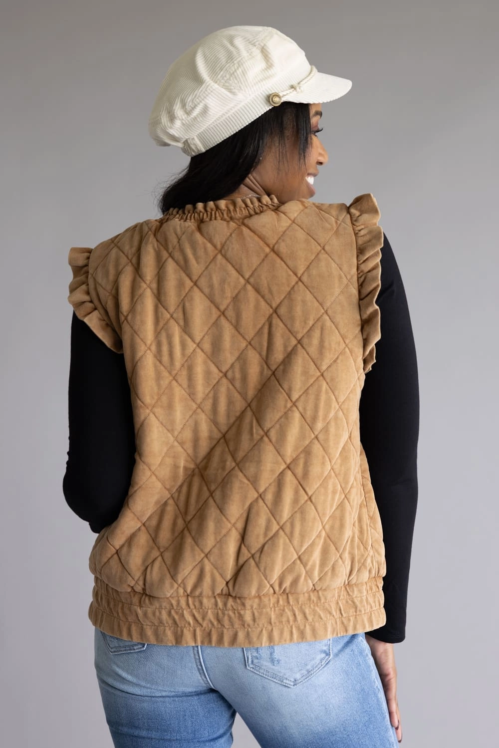 Garment Washed Quilted Ruffle Sleeve Vest for Women in Brown | KDC-VST-15-BRN Compression Stuff Sack City Layer Style