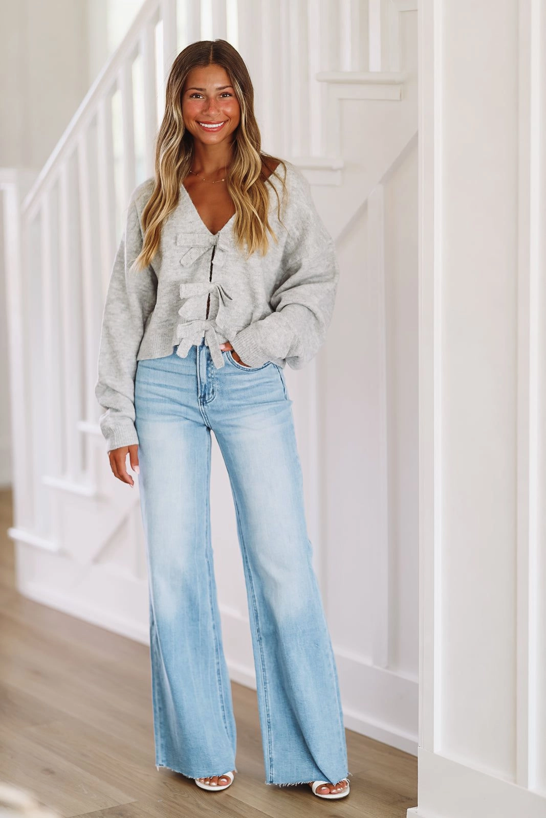 Girly Girl Knit Bow Top - Heather Grey Versatile Shirt AntiStaticFabric