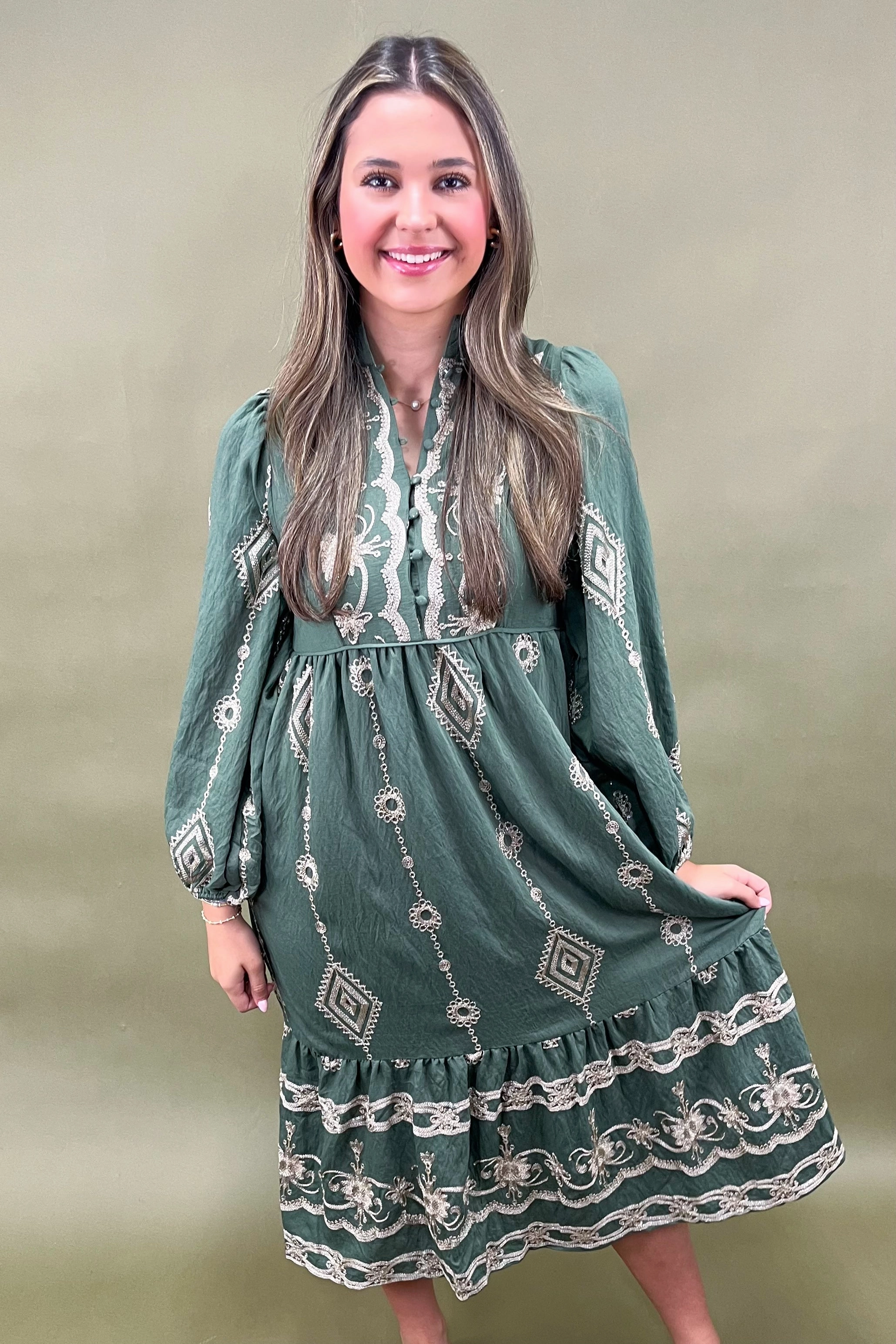 Glorious Pines Embroidered Dress Office Tone