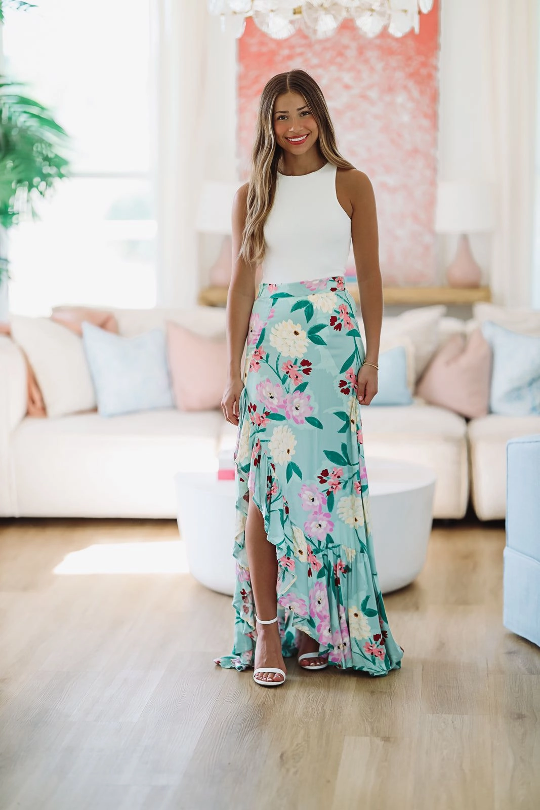 Go With the Flow Maxi Skirt - Green and Lavender Fold Over Design