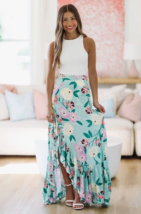 Go With the Flow Maxi Skirt - Green and Lavender casual finish music concert