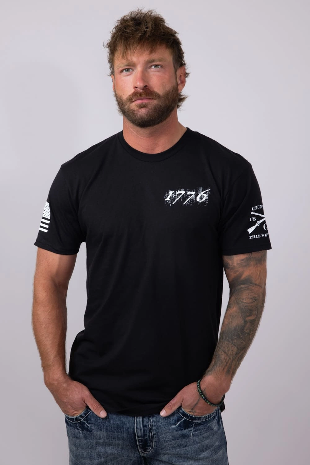 Sublimation Printed Collar Grunt Style 1776 Flag T-Shirt for Men in Black | GS2610-BLACK