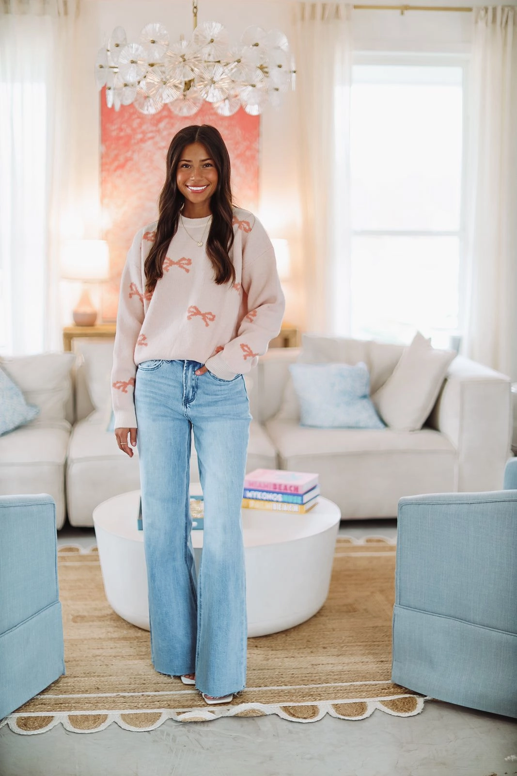 Happy You're Here Bow Sweater - Pink Drop Shoulder Cut Breathable fabric