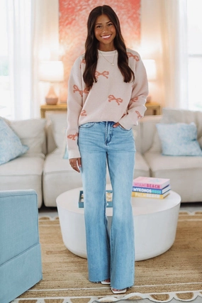 Happy You're Here Bow Sweater - Pink NonRestrictive Drop Shoulder Cut