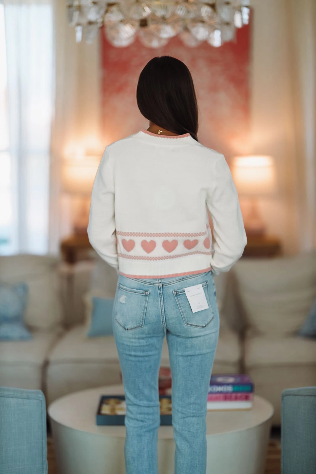 Garment Washed Softness Heart to Heart Cropped Cardigan - White and Pink