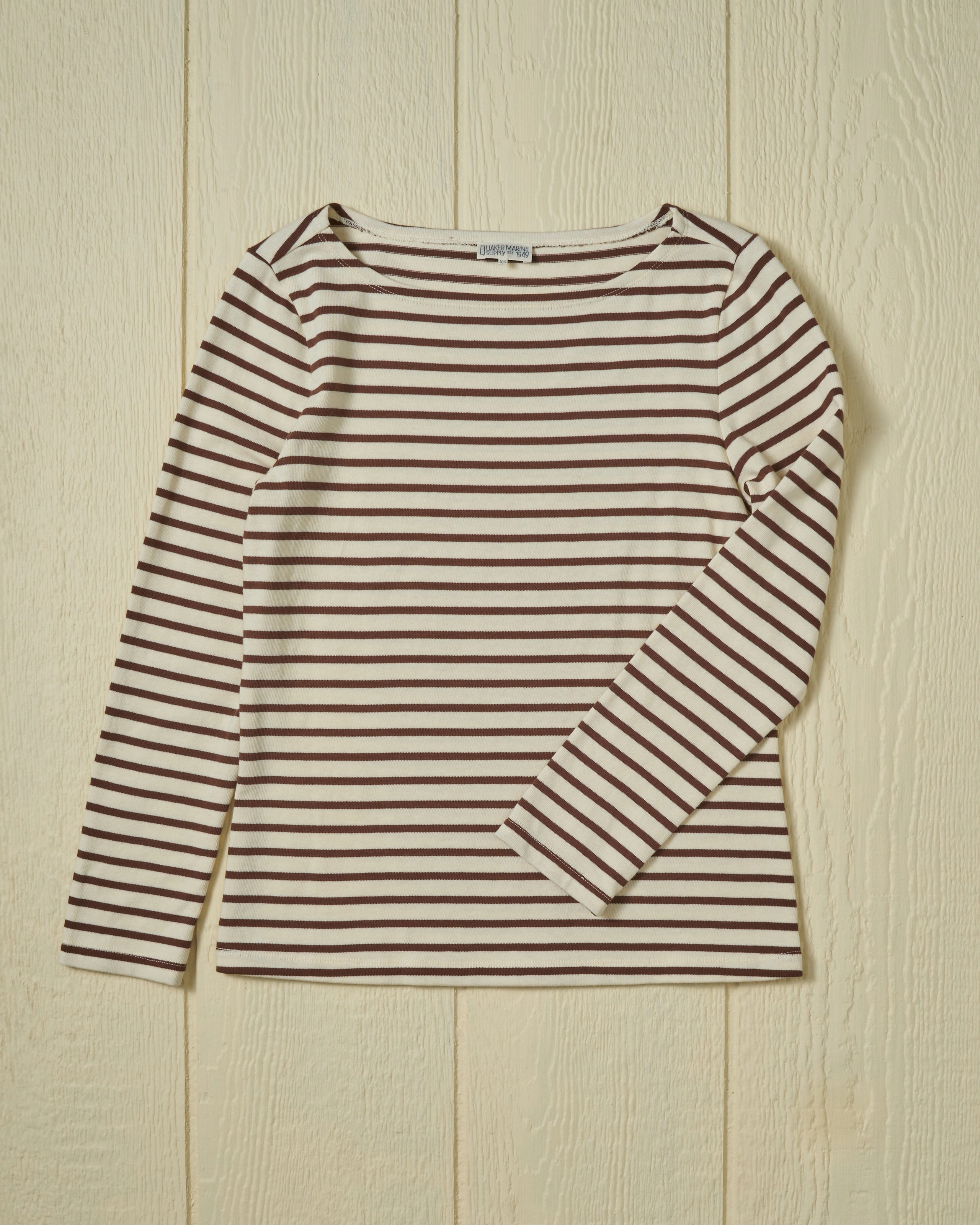 Breathable Microfiber Women??s Breton Stripe Boatneck Tee in Off White/Coffee
