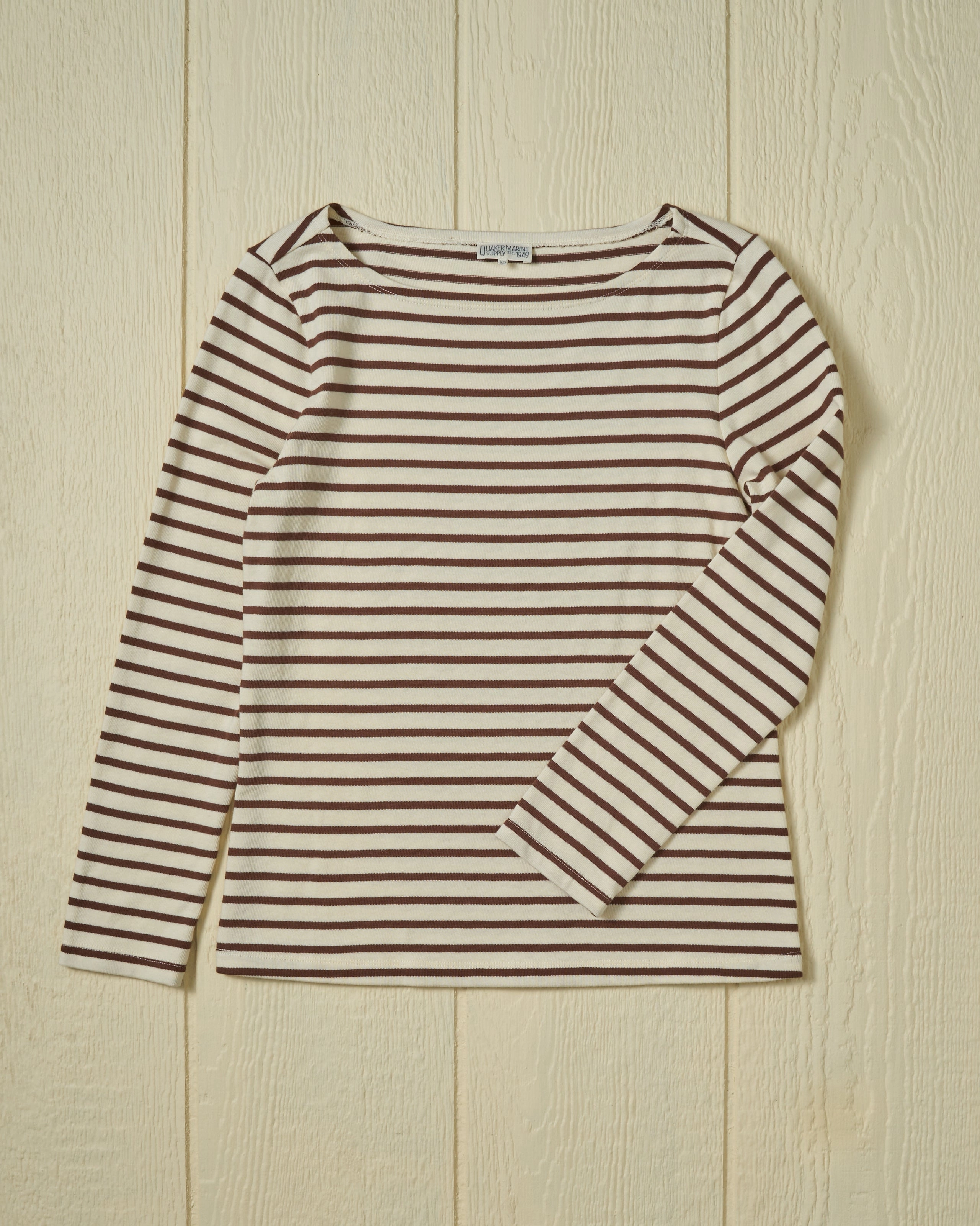 Women??s Breton Stripe Boatneck Tee in Off White/Coffee Minimalist Silhouette Cut QuickDry Performance