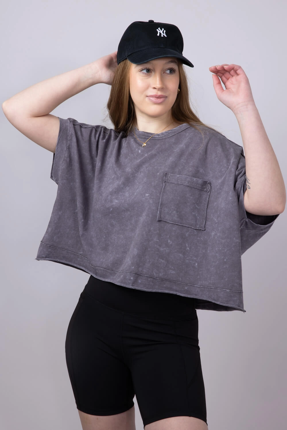 Oversized Cropped Mineral Wash Knit T-Shirt for Women in Black | NT11429-BLACK Seasonal Fashion
