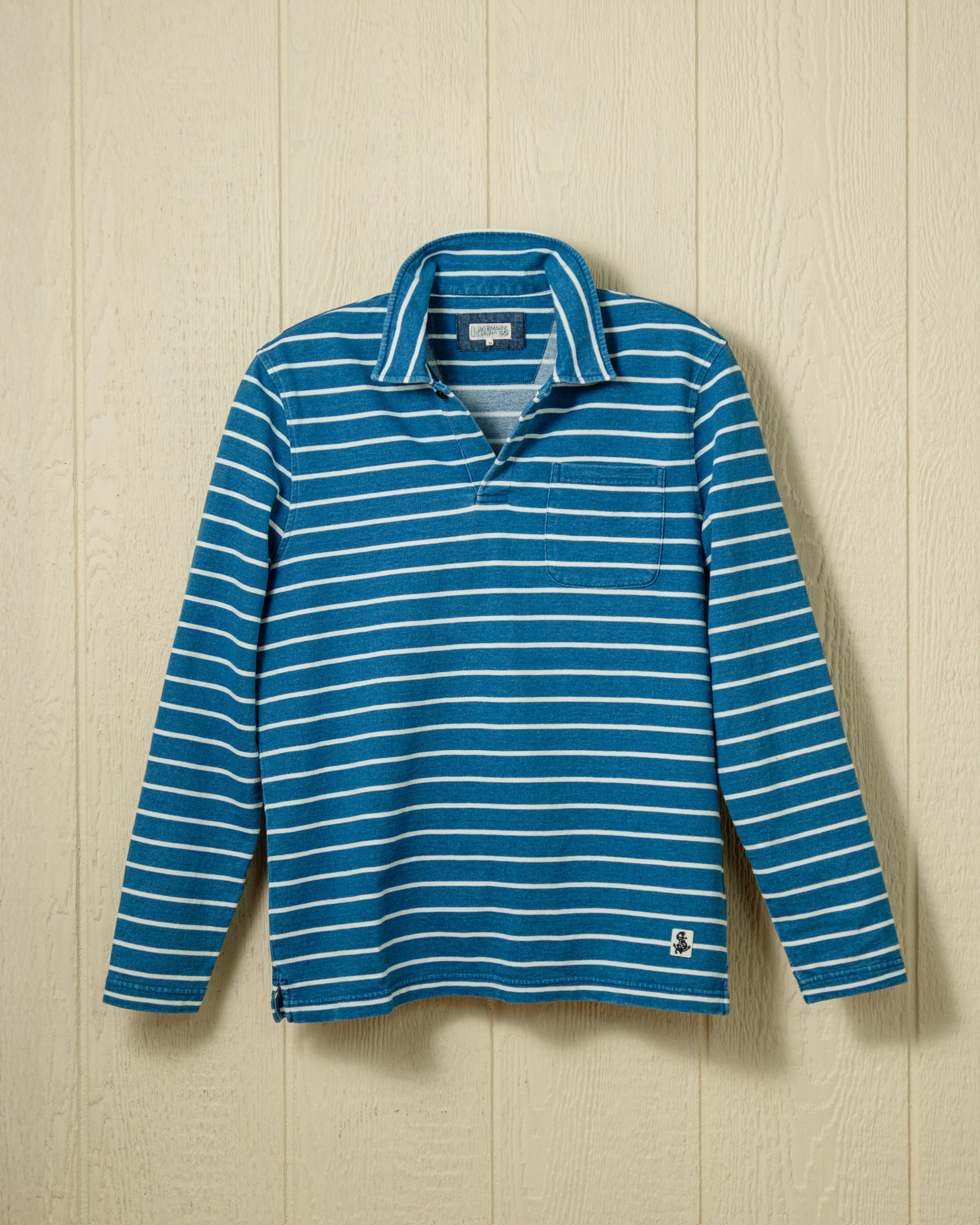 Relaxed Neckline Heavyweight Long Sleeve Indigo Polo in ??? Indigo/White Stripe