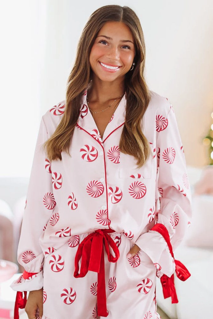 Peppermint Swirls Pajama Top - Pink FlexibleRibbedTrims NaturalFiberBlend