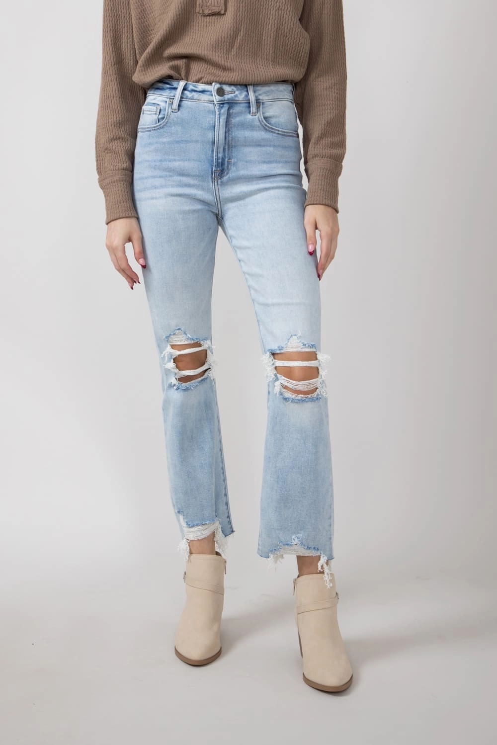 Hidden Happi Distressed Knee Crop Flare Jeans for Women | HD3128C-M Functional Wear