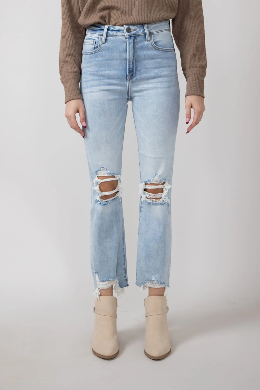 Hidden Happi Distressed Knee Crop Flare Jeans for Women | HD3128C-M Slim Smooth Weekend Style Rainy Day