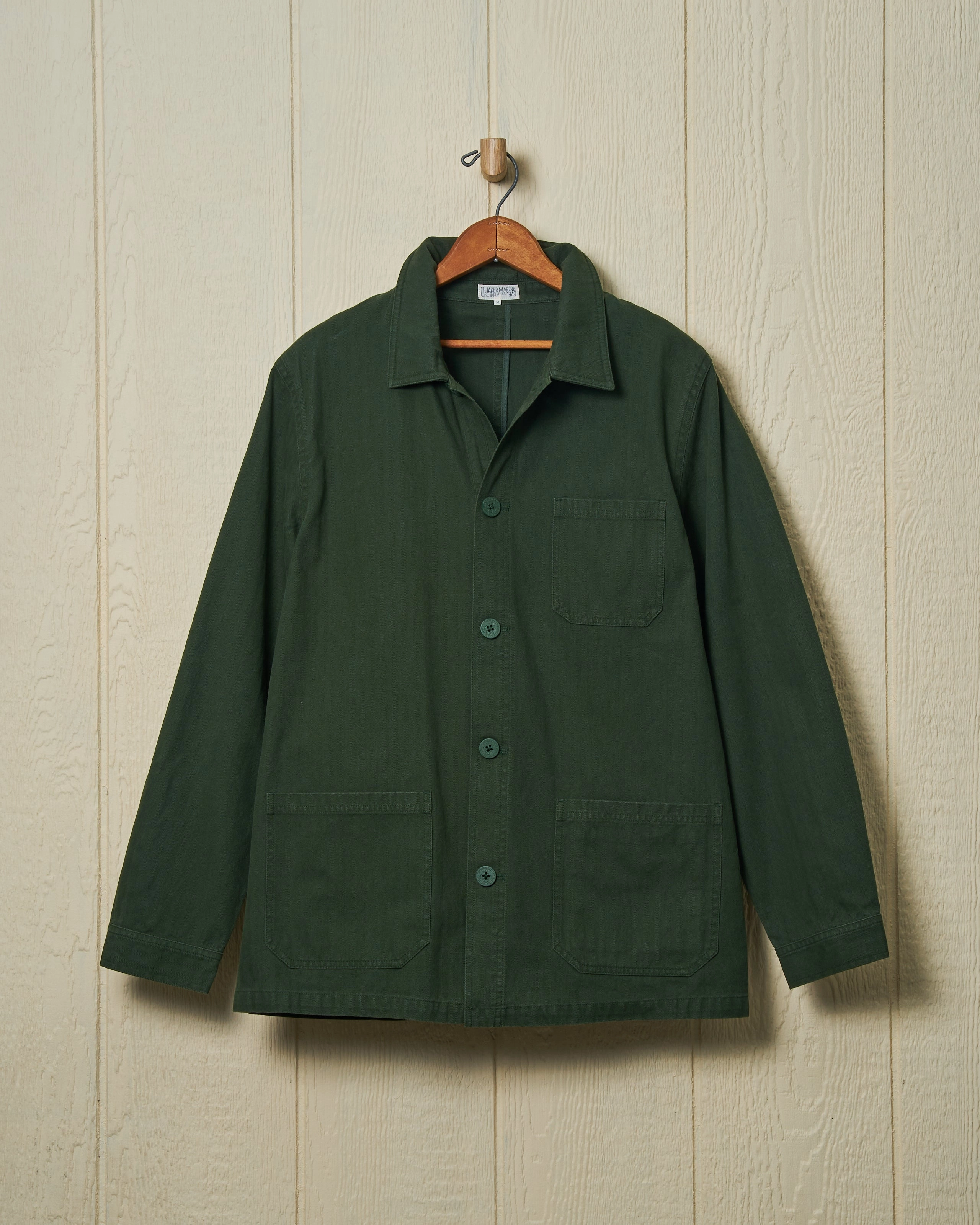 French Workman??s Jacket in Parks Department Green Herringbone AbrasionResistantEdging Smooth Finish