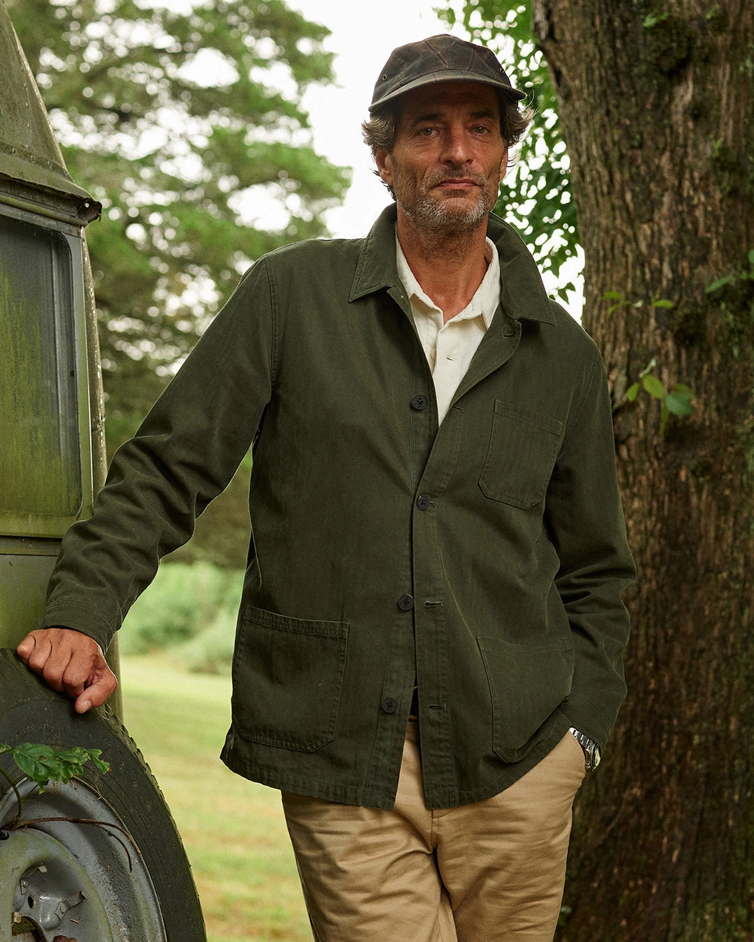Casual Work Look Foldable Design French Workman??s Jacket in Parks Department Green Herringbone