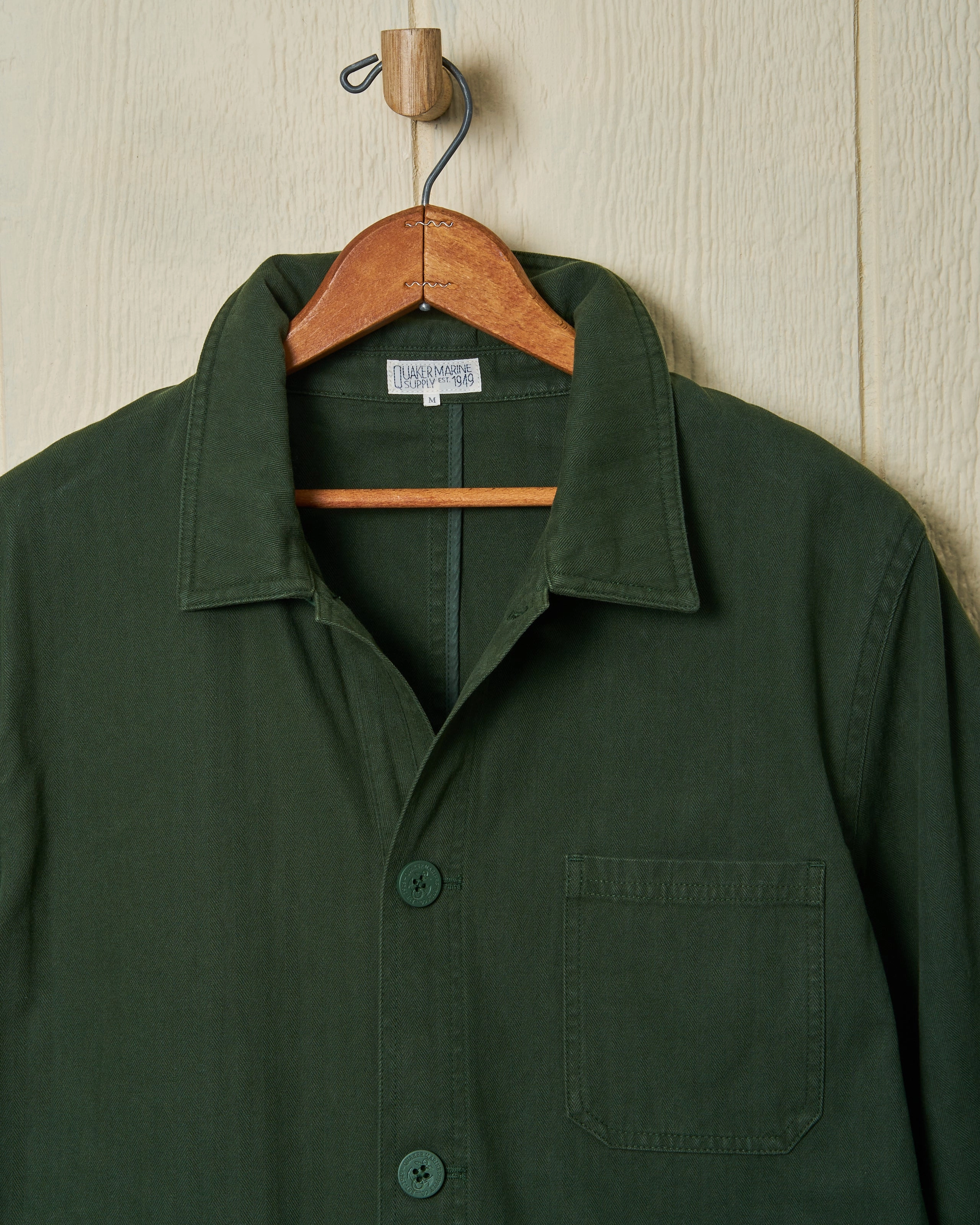 French Workman??s Jacket in Parks Department Green Herringbone Non Irritating Lining Sleek Comfort