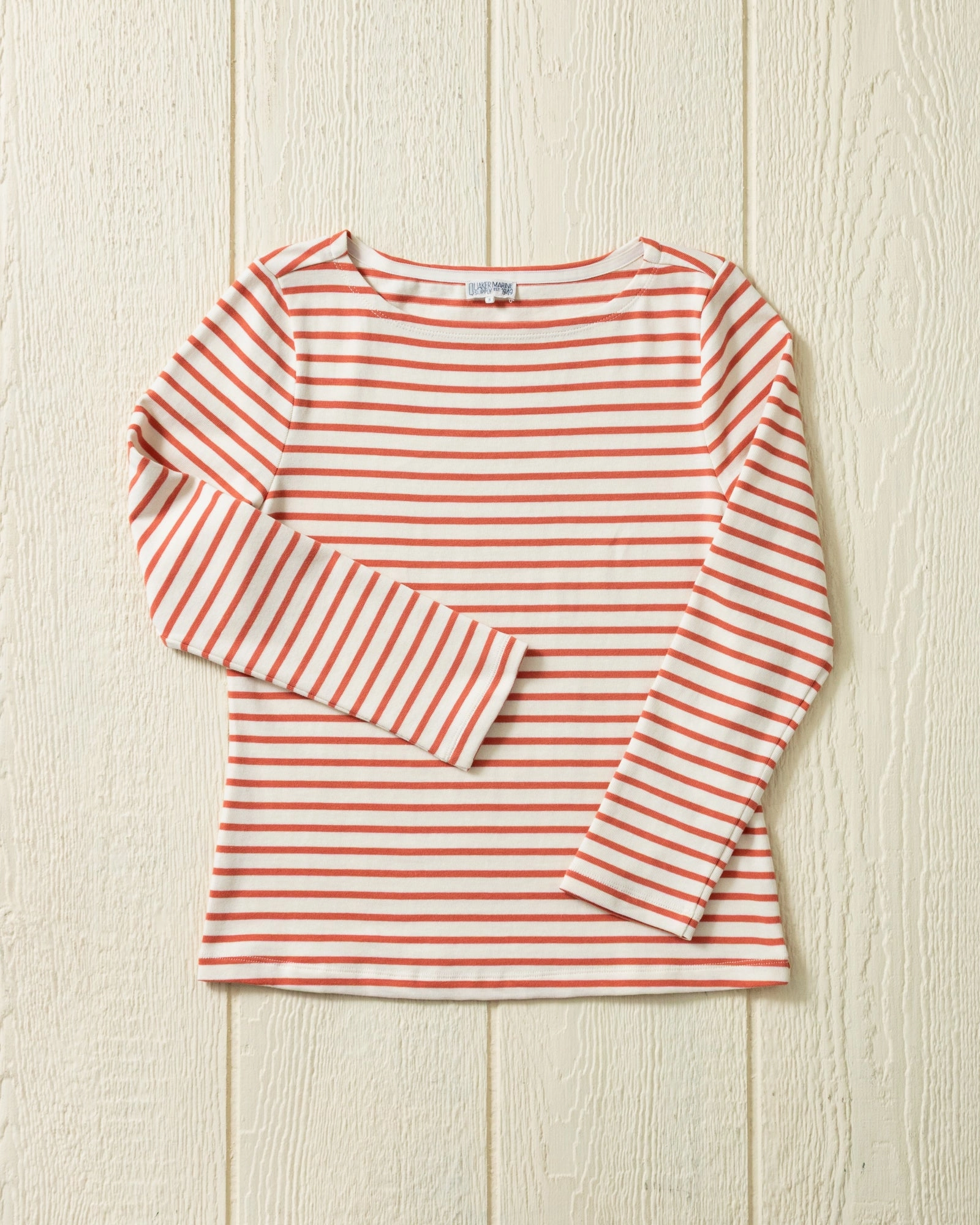 Bound Edges Durable Weave Women??s Breton Stripe Boatneck Tee in Off White/Coral