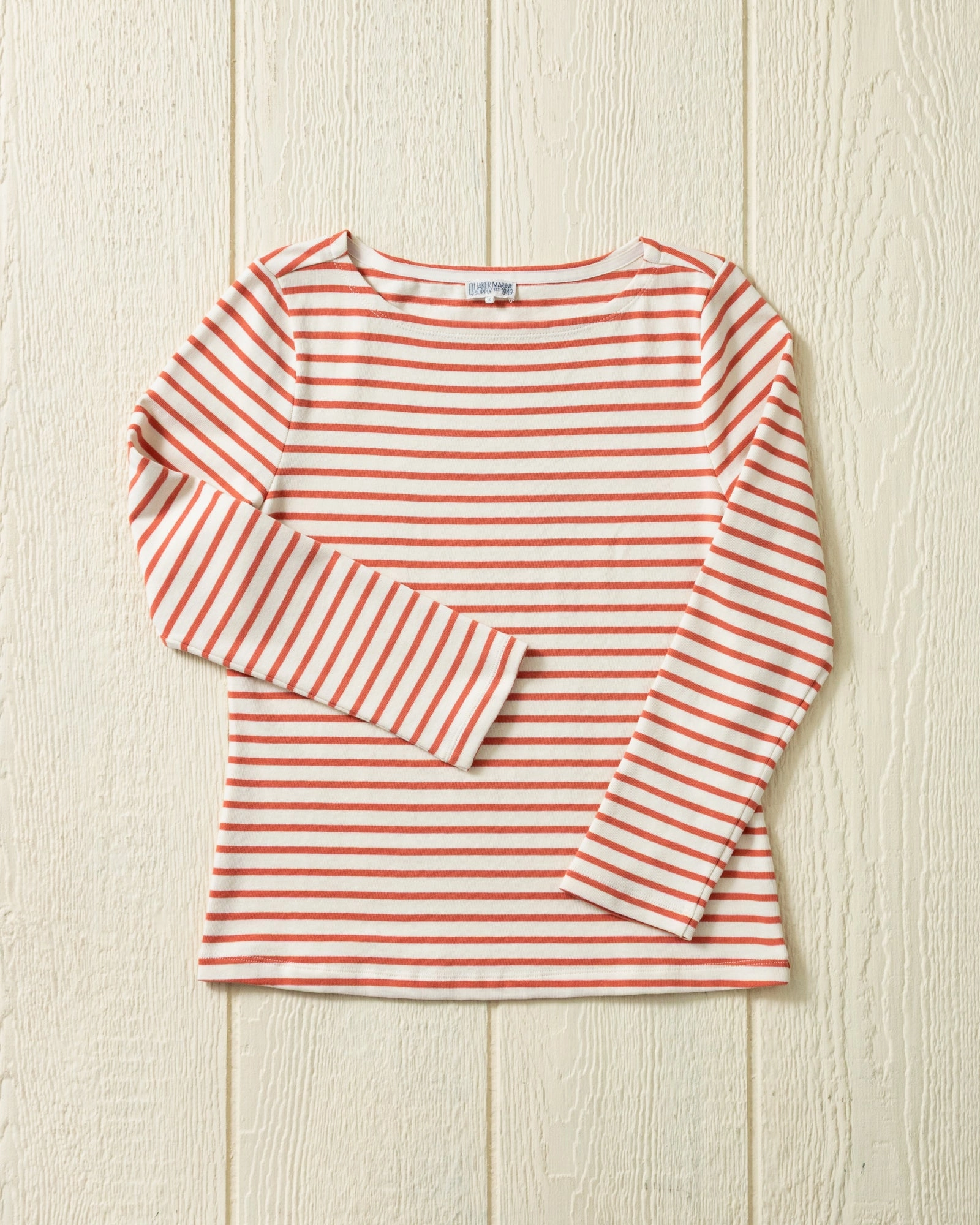 Women??s Breton Stripe Boatneck Tee in Off White/Coral SoftFeel Fabric Hypoallergenic Lining