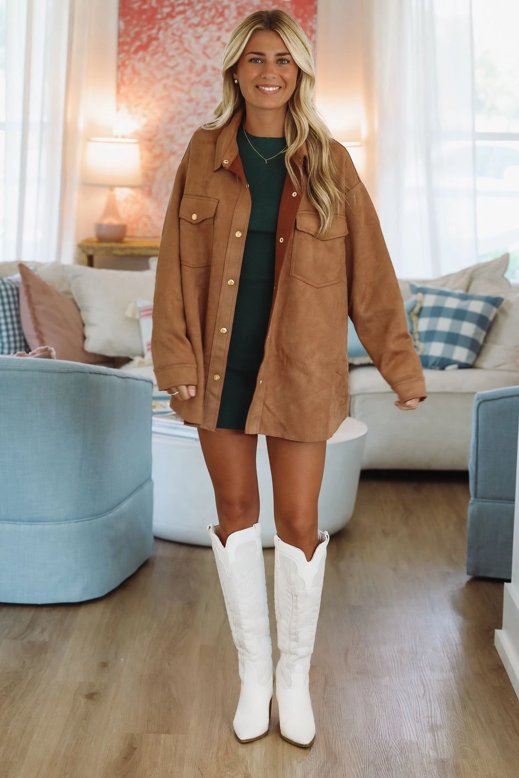 Anti Odor Treatment Low Profile Collar Autumn Cider Button Down Shacket - Camel