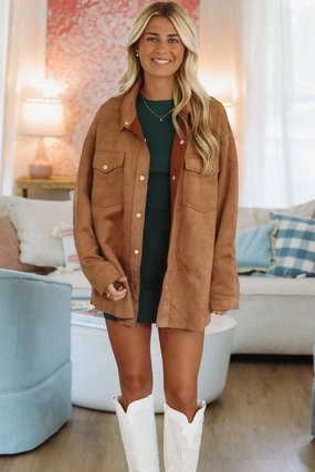 Autumn Cider Button Down Shacket - Camel StretchFabric