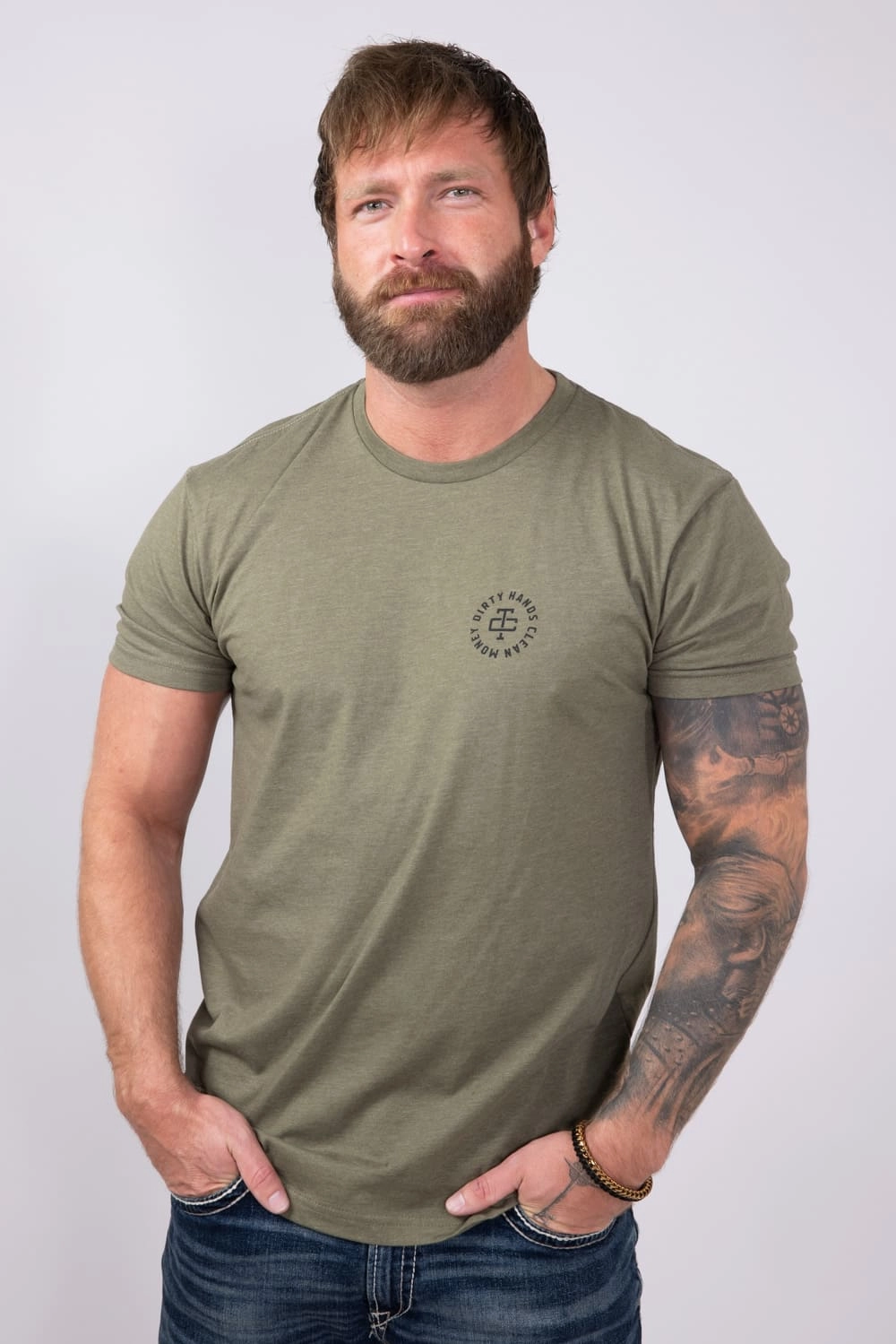 Layered Hem Detail Comfy Casual Troll Co Twisting Wrenches T-Shirt for Men in Green | TC1588-MILGRN