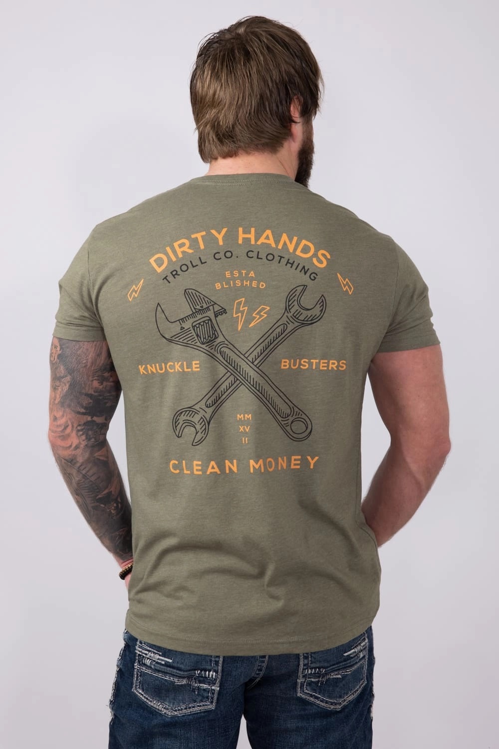 Fun Prints Trendy Top Troll Co Twisting Wrenches T-Shirt for Men in Green | TC1588-MILGRN
