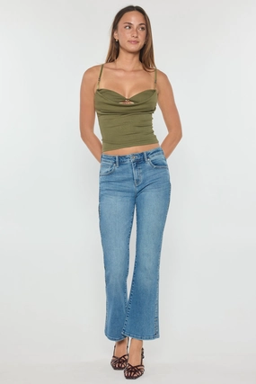 Non Restrictive Cut High Rise Relaxed Crop Bootcut with Side Cut-out hole Detail