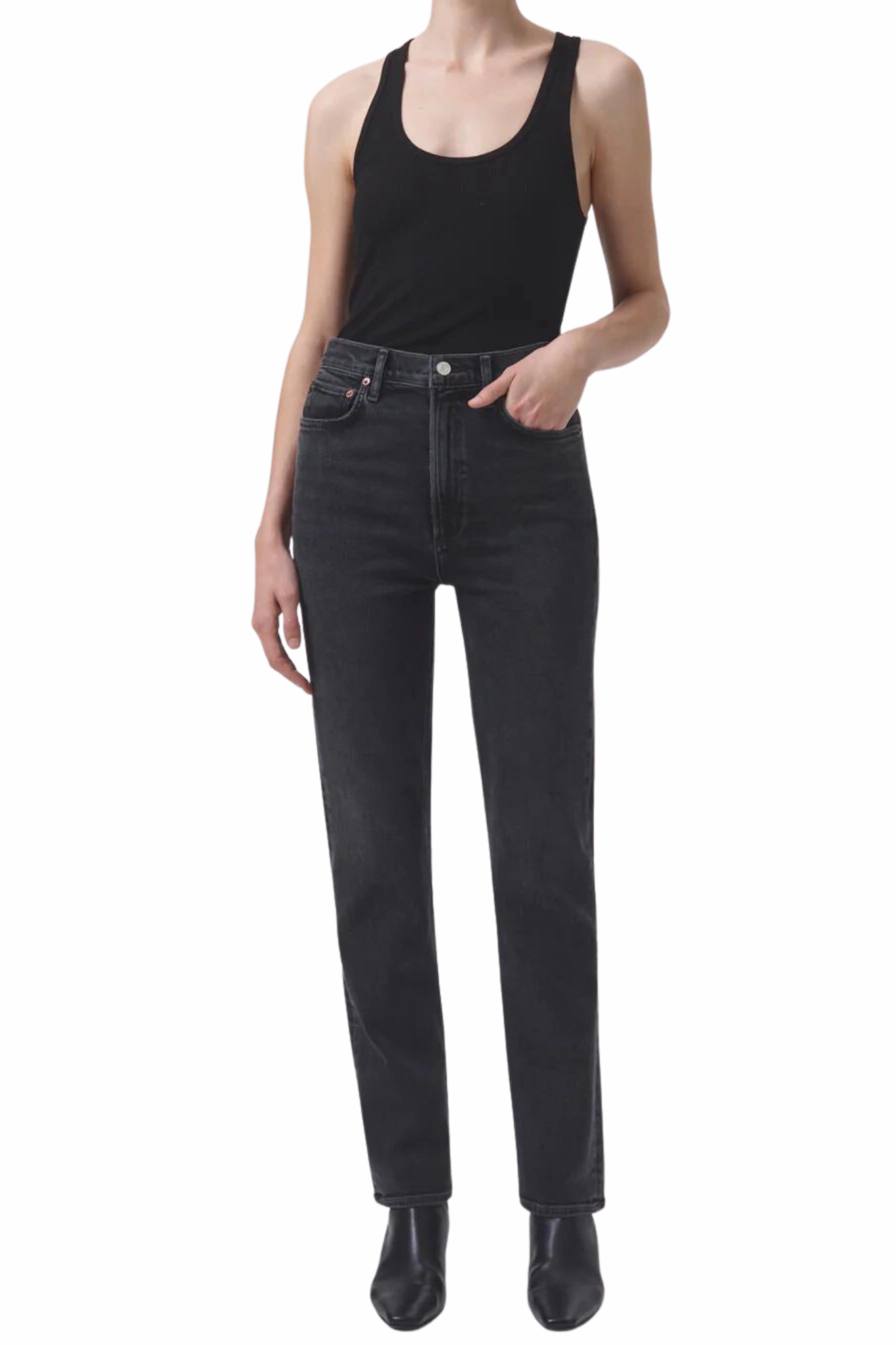 High Rise Stovepipe in Metal Relaxed Thigh Cut