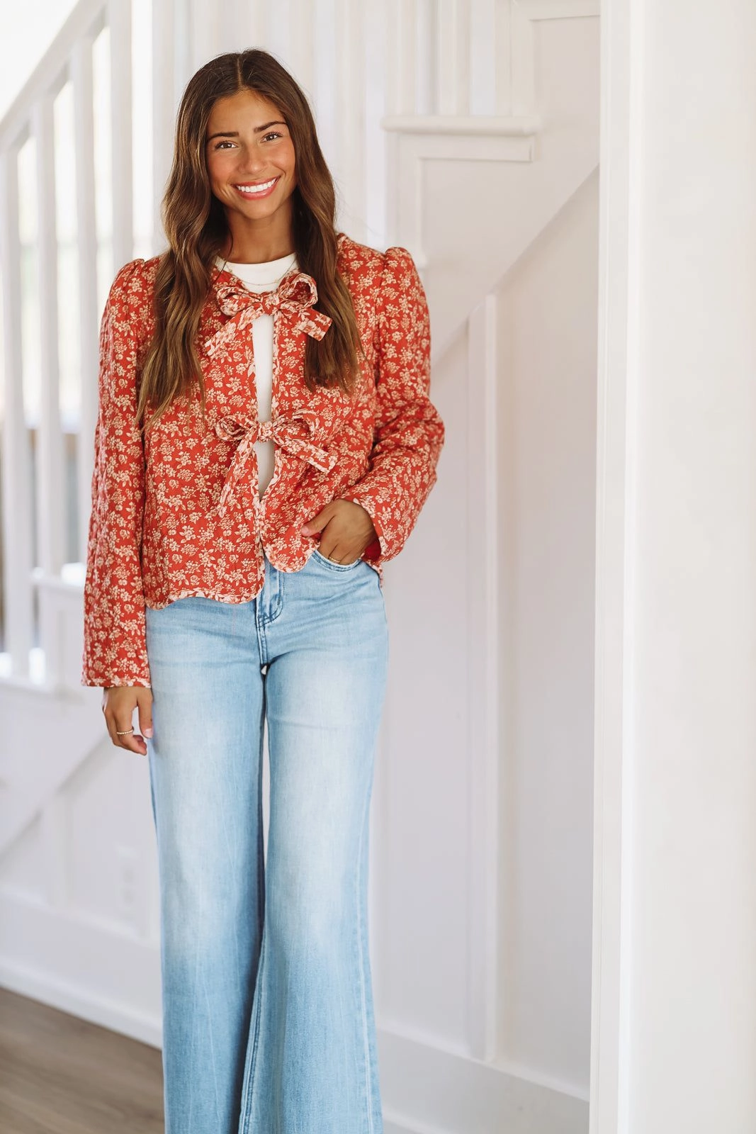 Everyday Fashion Quilted Floral Tie Front Jacket - Rust Red