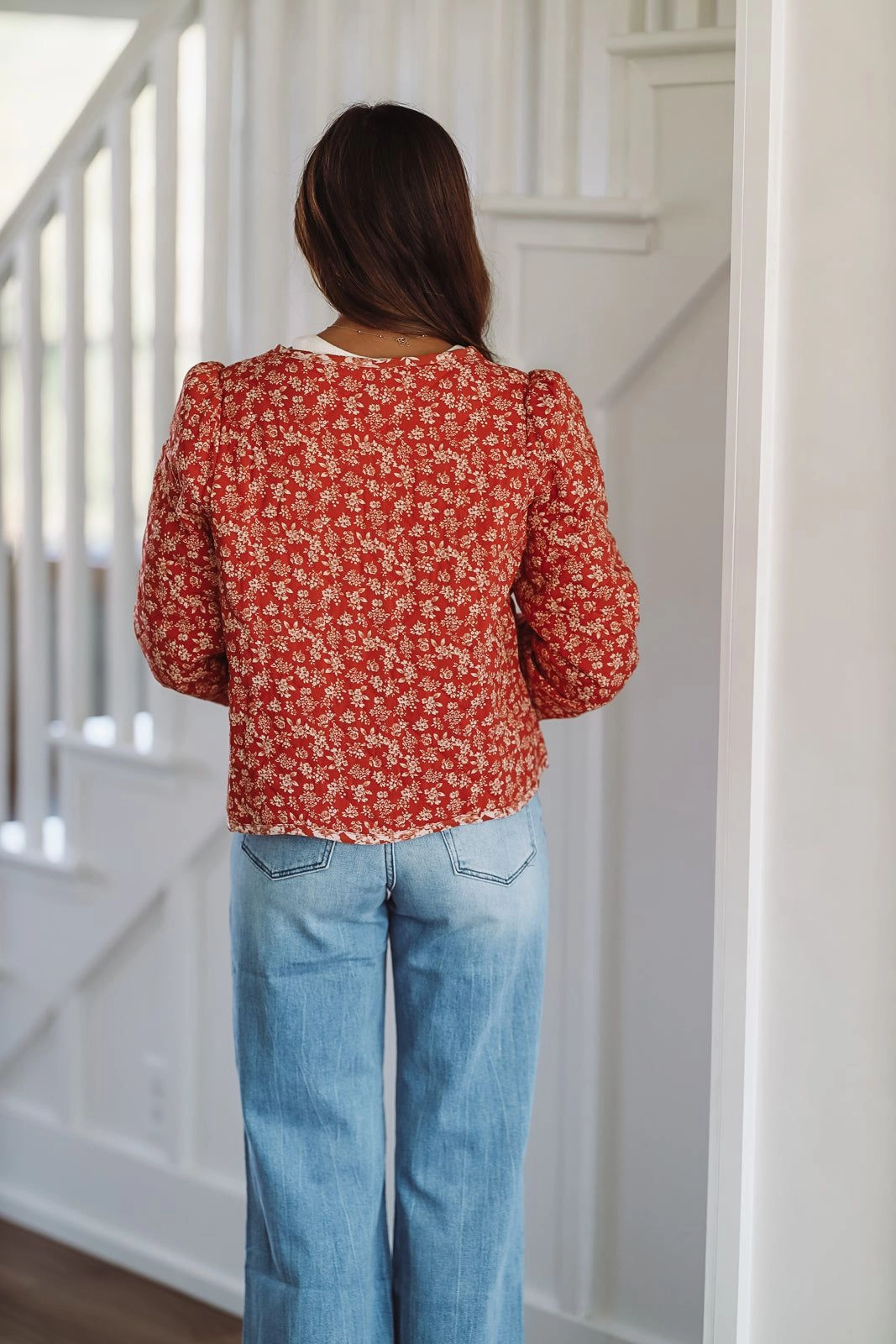 Breathable Knit Fabric MeshPanel Quilted Floral Tie Front Jacket - Rust Red