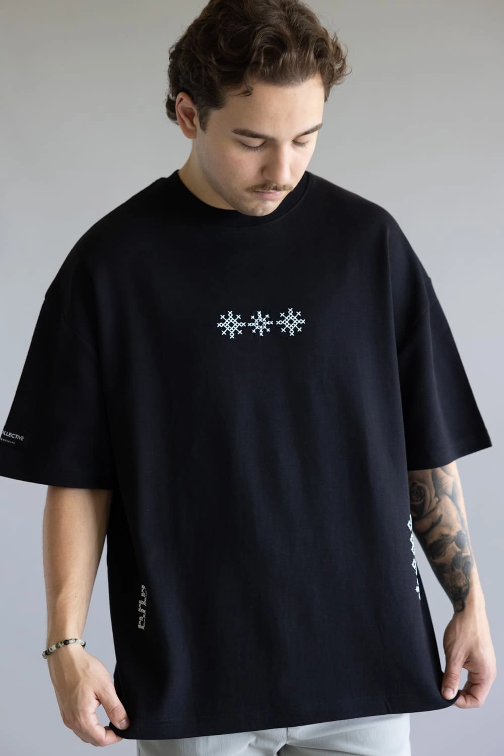 Odor Control Finish White Geo Embroidered T-Shirt for Men in Black | CKTS-C492