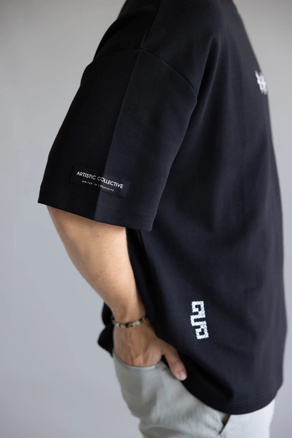 Oversized Cut Relaxed Smart White Geo Embroidered T-Shirt for Men in Black | CKTS-C492