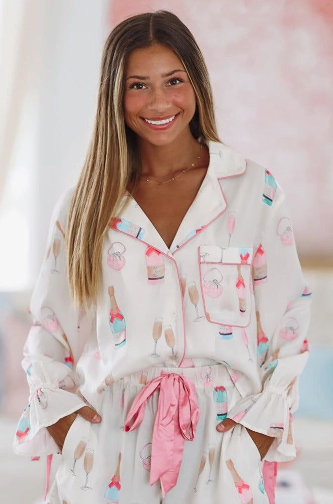 I Do Satin Pajama Top - Ivory and Pink VentilatedMesh