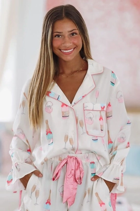 I Do Satin Pajama Top - Ivory and Pink VentilatedMesh