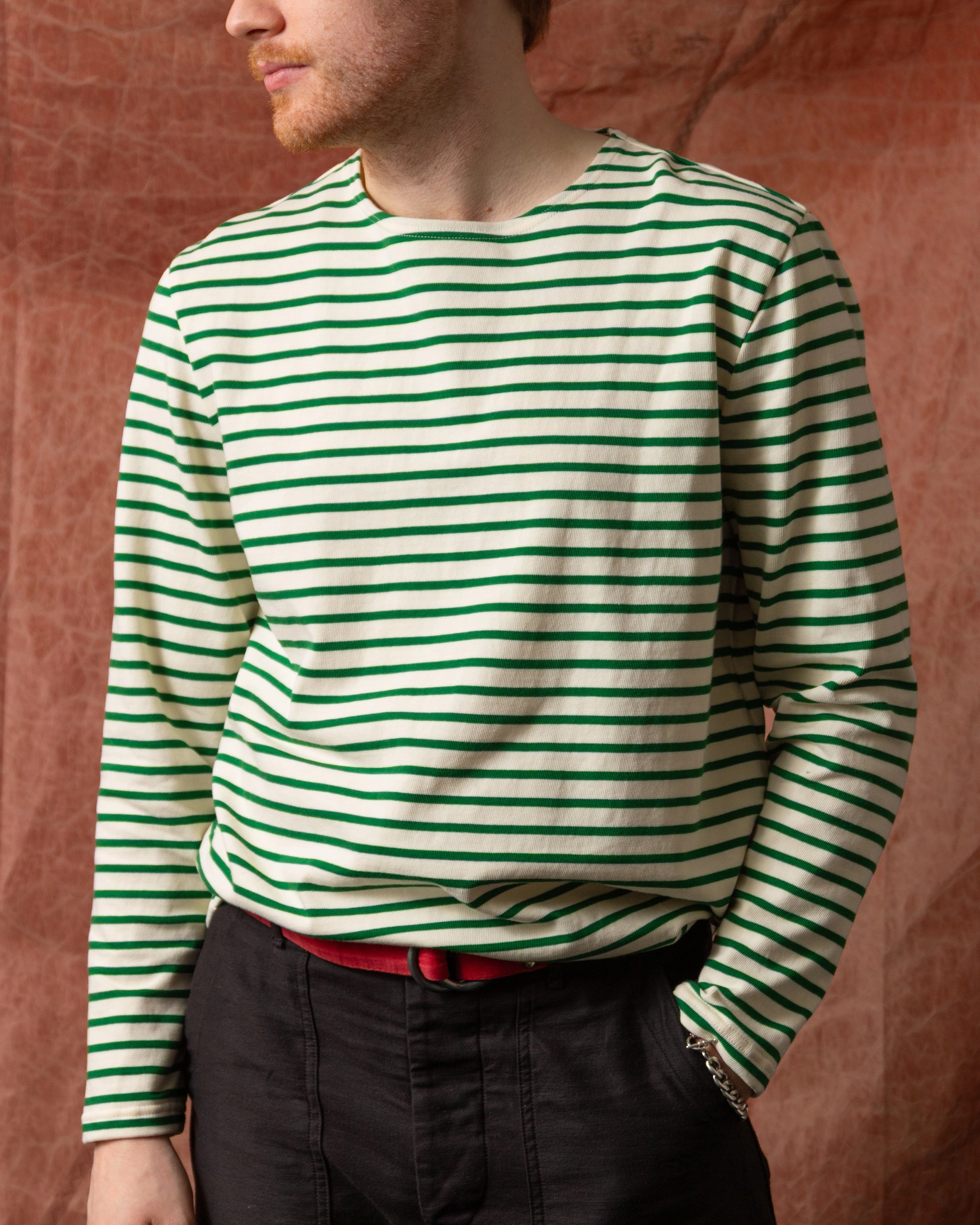 SunProtectionFabric Men??s Breton Stripe Boatneck Tee in Off White/Hunter Green