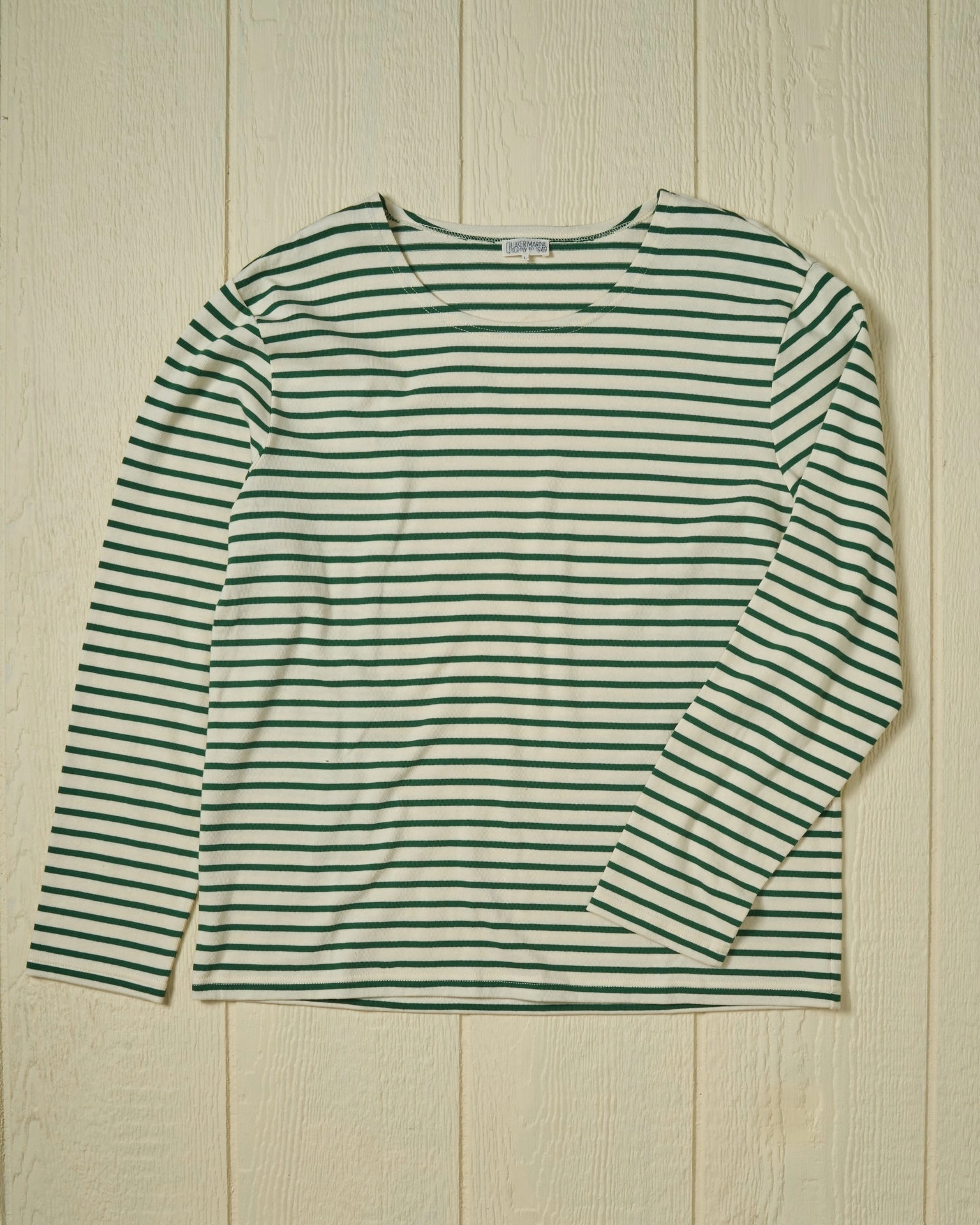 Men??s Breton Stripe Boatneck Tee in Off White/Hunter Green Abrasion resistant Stretchable Fabric