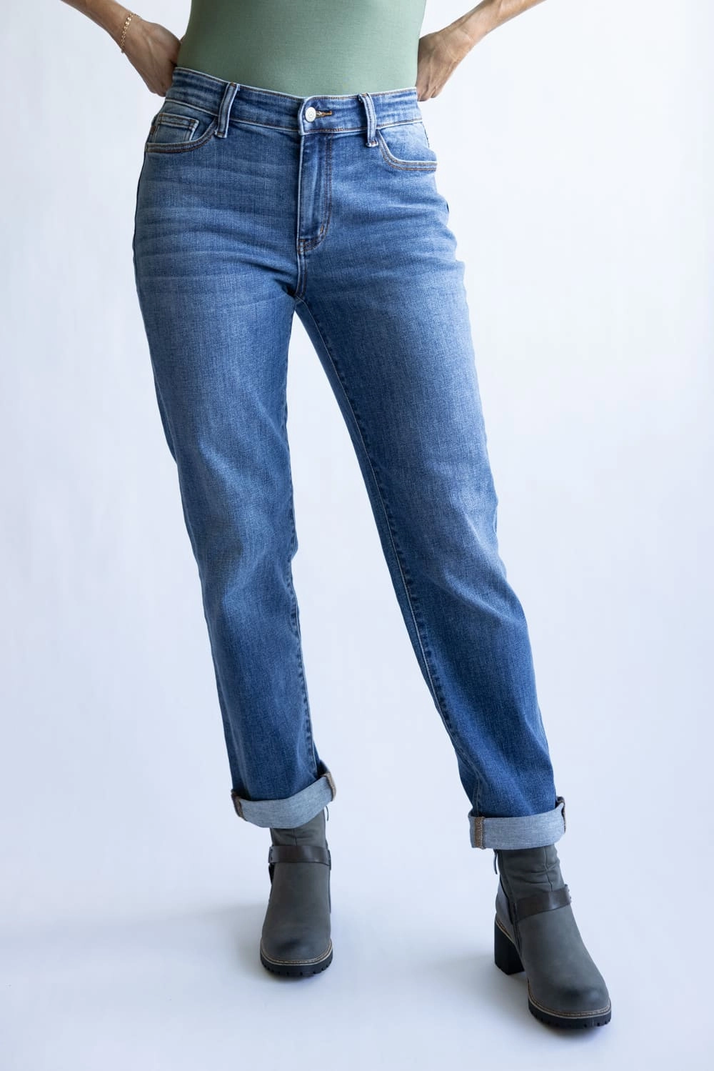 Judy Blue Mid Rise Clean Cuffed Boyfriend Jeans for Women | 82685REG Stone Wash Finish High Quality Classic Wear Earthy
