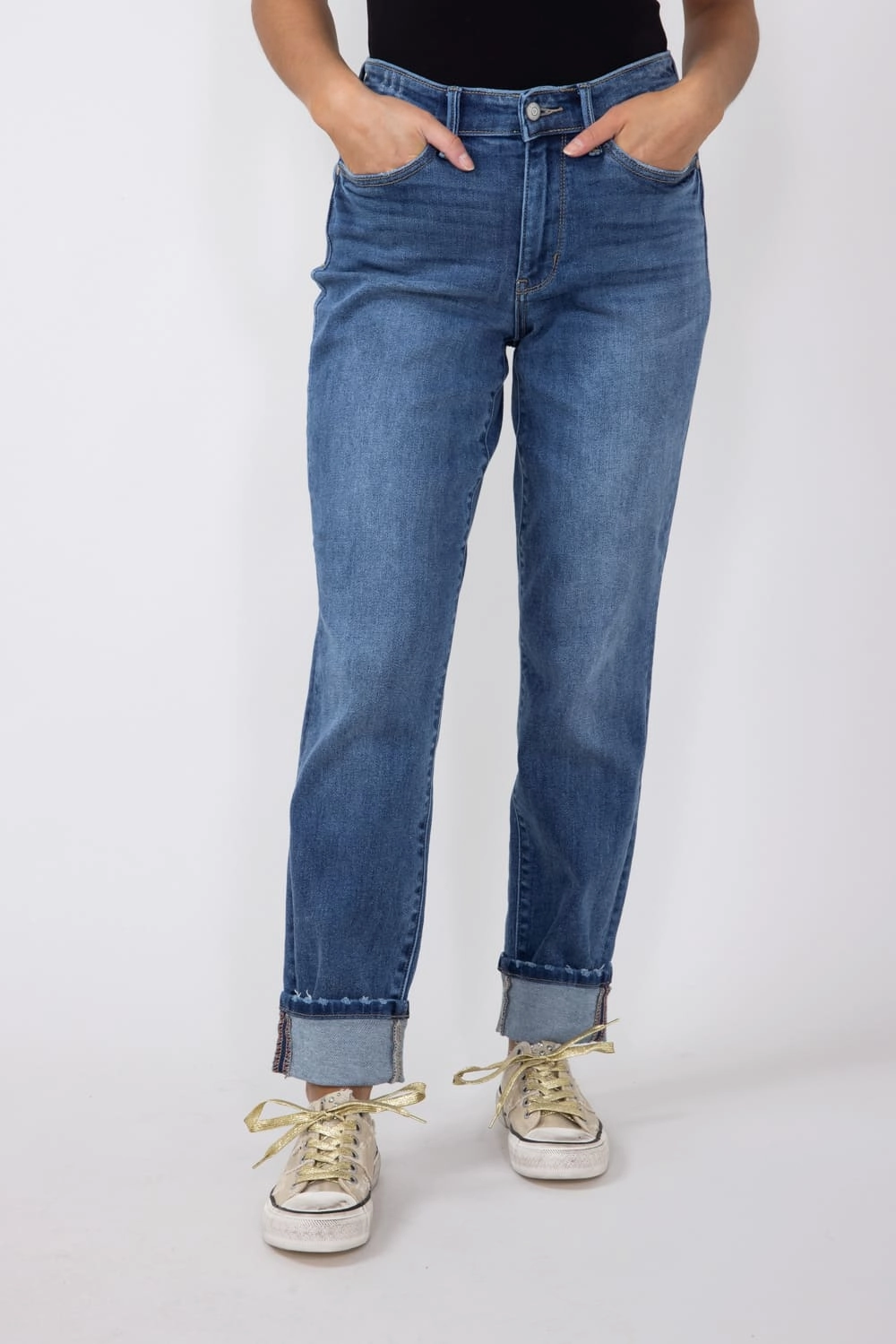 Day Ready Judy Blue Mid-Rise Dark Wash Cuffed Boyfriend Jeans for Women | 82624REG