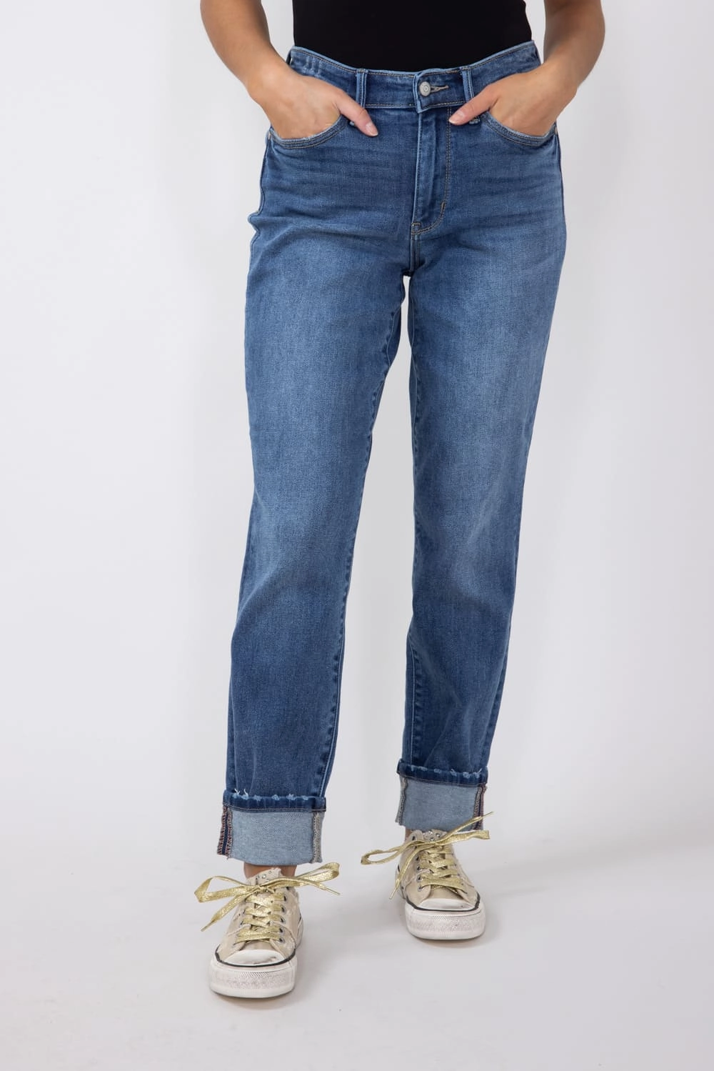 Tagless Design Judy Blue Mid-Rise Dark Wash Cuffed Boyfriend Jeans for Women | 82624REG