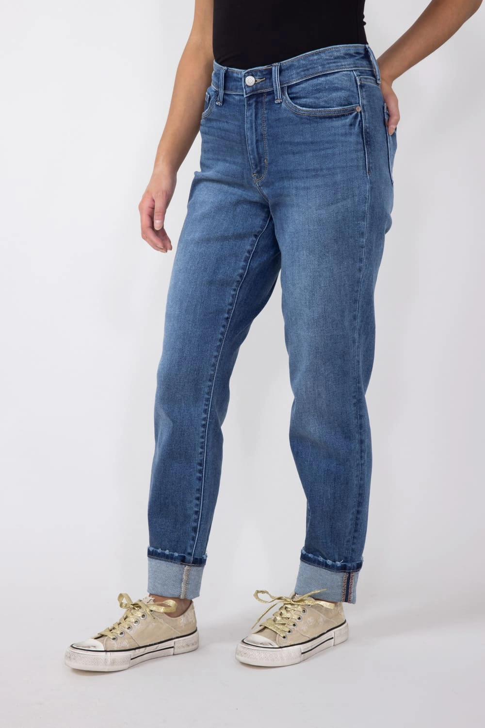 Judy Blue Mid-Rise Dark Wash Cuffed Boyfriend Jeans for Women | 82624REG Comfortable Design Look