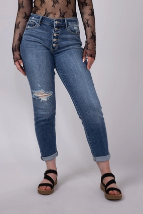 Essential Look Judy Blue Mid Rise Distress Button Fly Boyfriend Jeans for Women | 82664REG
